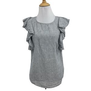 J Crew Top Womens 4 Stripe Classic Keyhole Back Linen Blend Ruffle Cap Sleeve